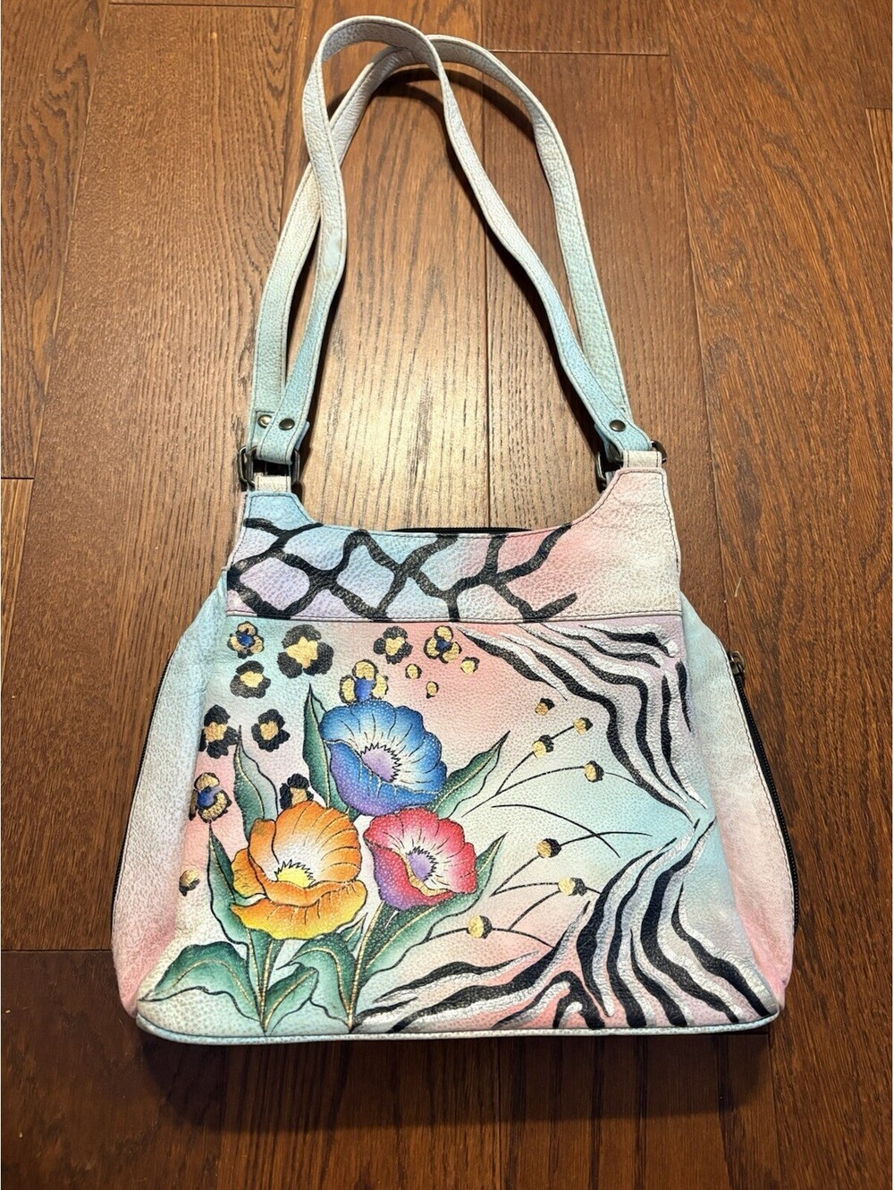 Anuschka shoulder Bag Hand Painted Leather Purse 3 compartments Safari Flower